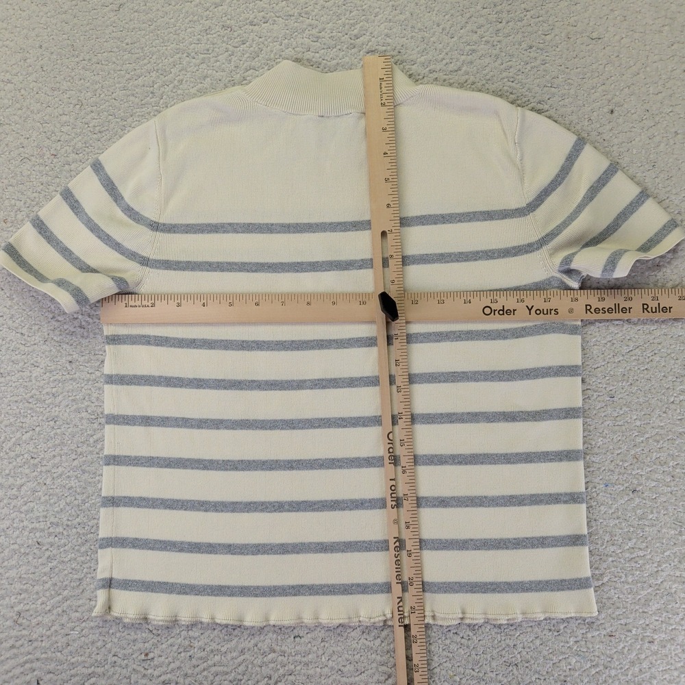 Talbots Womens Medium Striped Mock Neck Short Sleeve Sweater Silver Button Cream - Picture 3 of 9